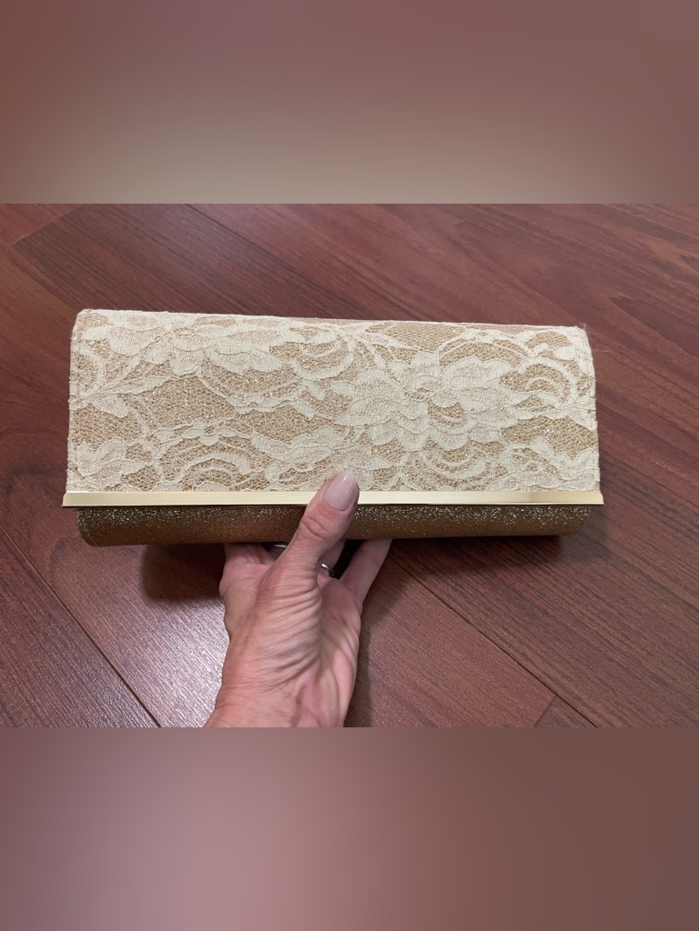 New Sasha clutch cream and gold lace with chain wedding ready vintage